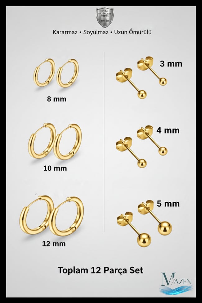 316L Çelik 6 Çift Küpe Seti | 8-10-12 mm Halka & 3-4-5 mm Top | Kararmaz Gold Renk