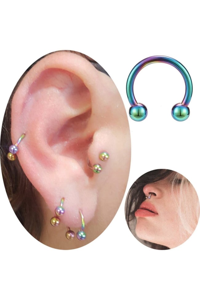 316l Çelik Hologram Tragus Piercing | Kararmaz Neon Yarım Halka Nal Model | Kıkırdak | 1 Adet