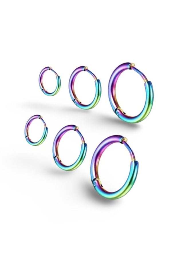 316L Çelik Hologramlı Neon Halka Küpe Set | 6 Adet | 3 Farklı Boy