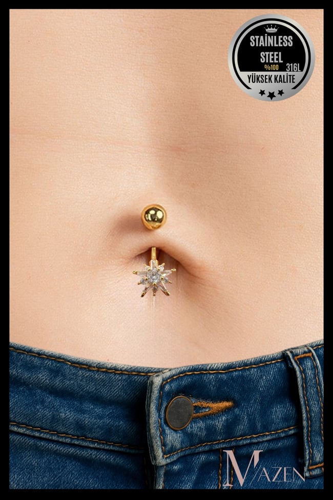 316L Çelik Kararmaz Göbek Piercing | Parlak Yıldız Model | Işıltılı ve Şık Tasarım