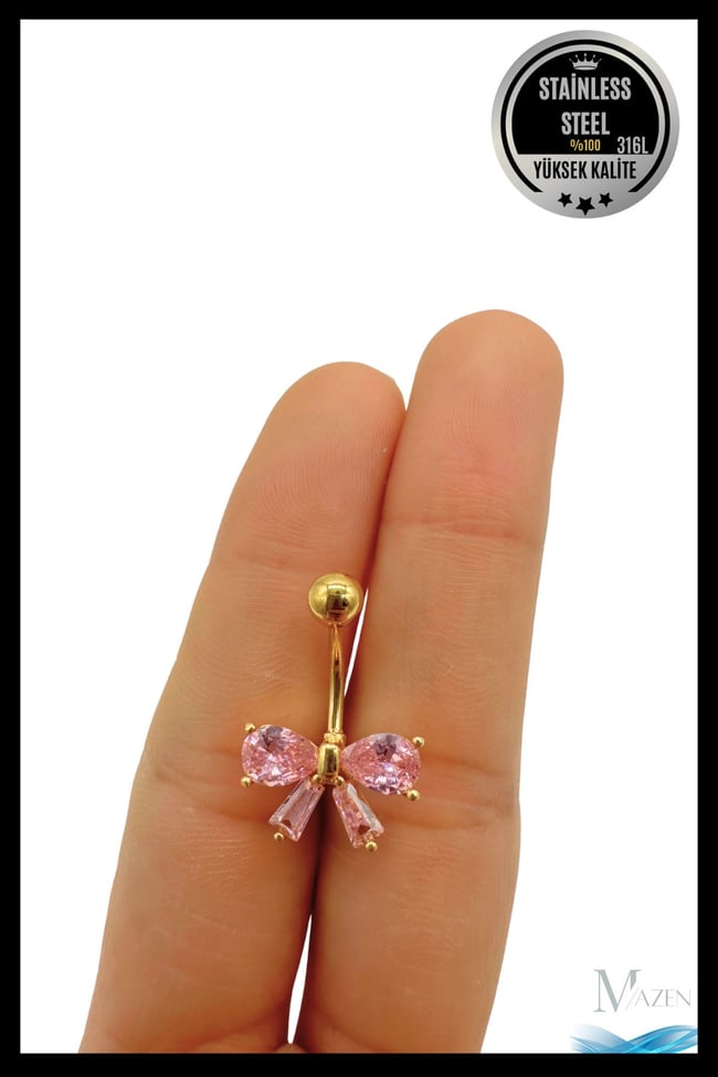 316L Çelik Kararmaz Göbek Piercing | Pembe Taşlı Fiyonk Model | Trend Kadın Takı Aksesuarı | Pirsing