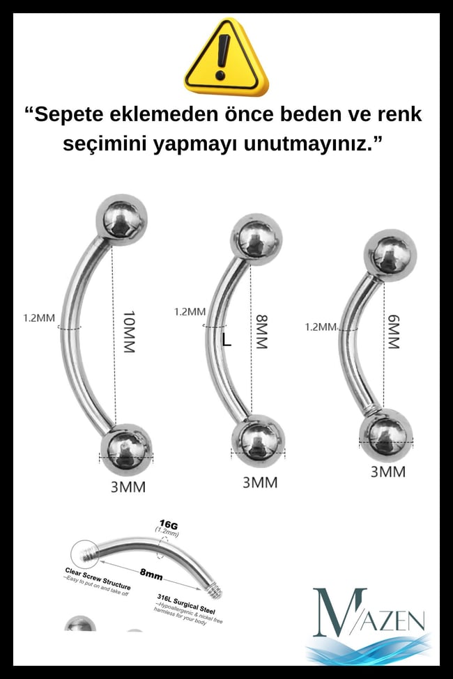 316L Çelik Kavisli Kaş Piercing Labret | 6-8-10 mm Beden Seçenekli Gümüş Renk