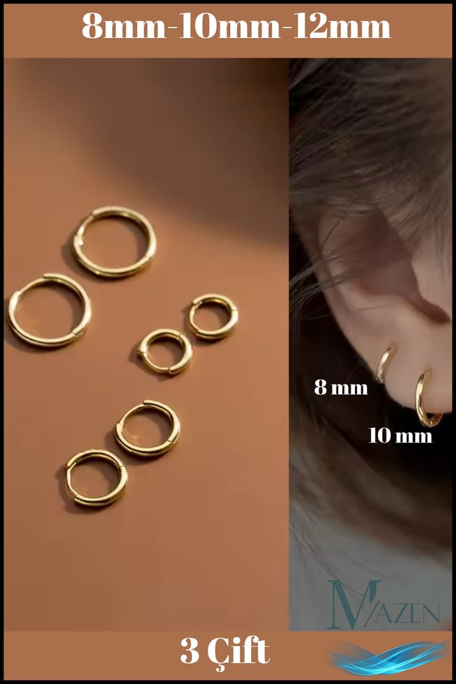 316L Çelik Set Halka Küpe | Gold Renk | 6 Adet 3 Farklı Boy | İnce Bar Model