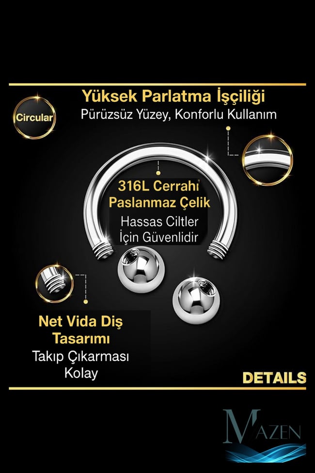 316l Çelik Tragus Piercing | Kararmaz Yarım Halka Nal Model | Kıkırdak Uyumlu | 1 Adet