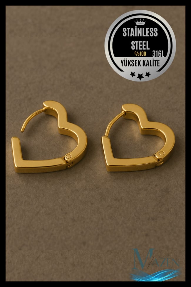 316L Çelik Yassı Köşeli Bar Kalp Halka Küpe | Gold Renk | Kararmaz Şık Kadın Aksesuar