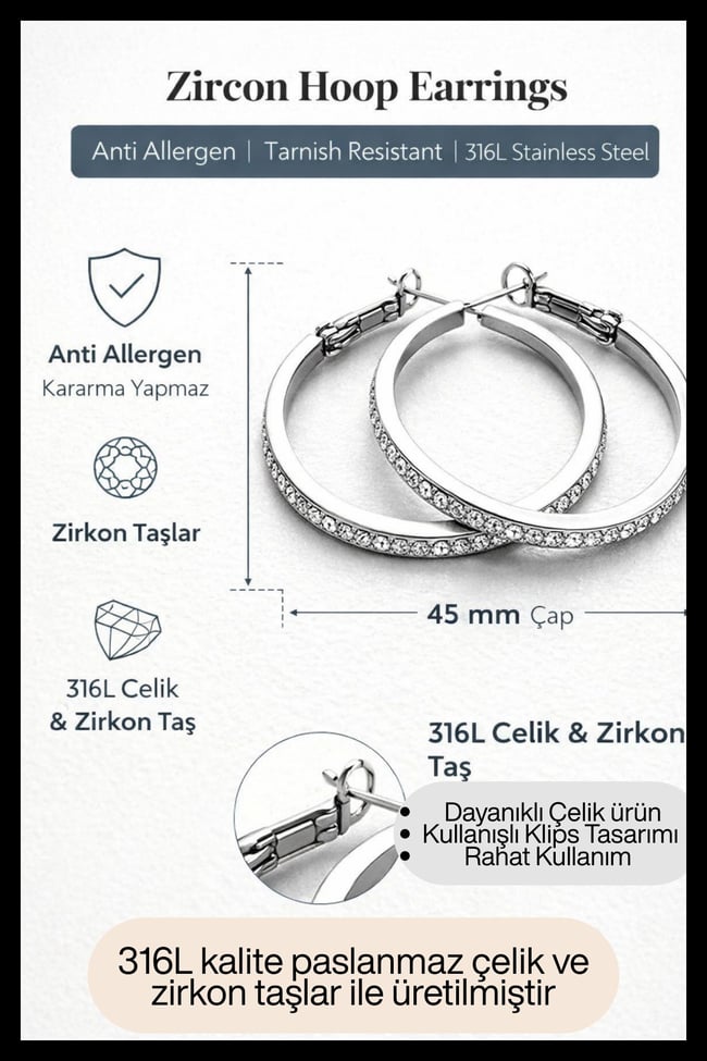 316L Çelik | Zirkon Taşlı Halka Su yolu Küpe | 45 mm | Antialerjik - Kararmaz Ürün