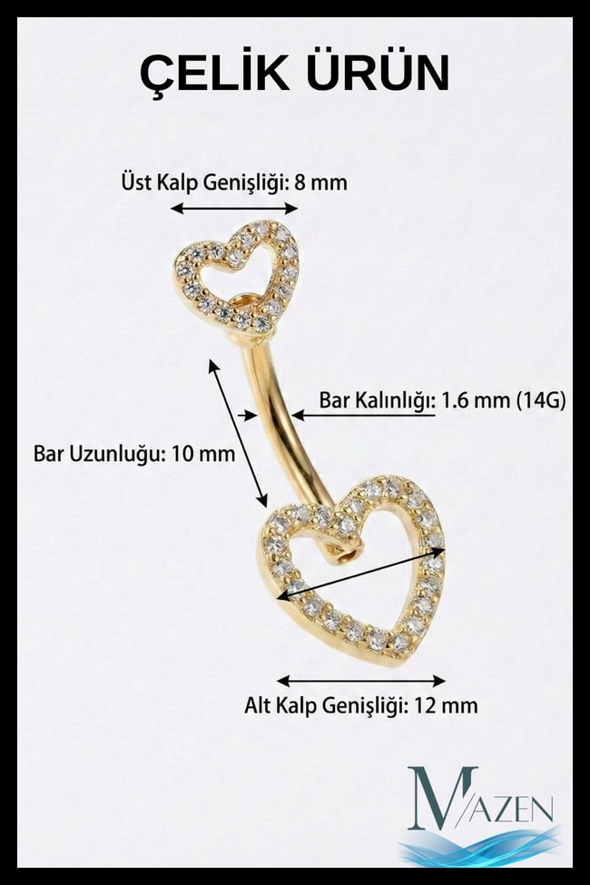 316L Cerrahi Çelik Zirkon Taşlı Çift Kalp Figürlü Göbek Piercingi