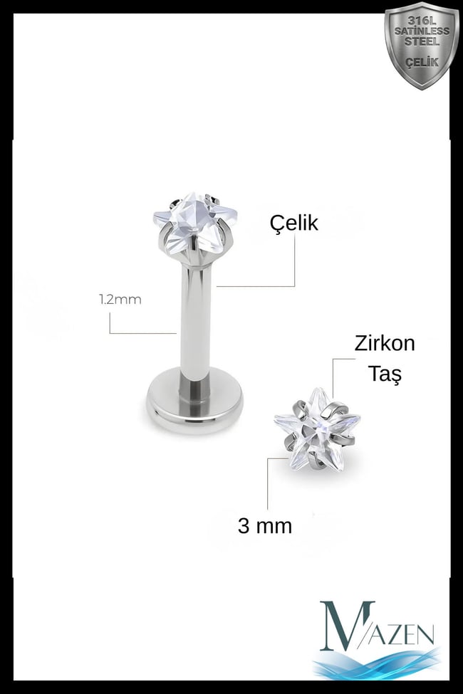 316l Paslanmaz Kararmaz Çelik Zirkon Taşlı 8mm bar Tragus Helix Kıkırdak Yıldız Model Piercing