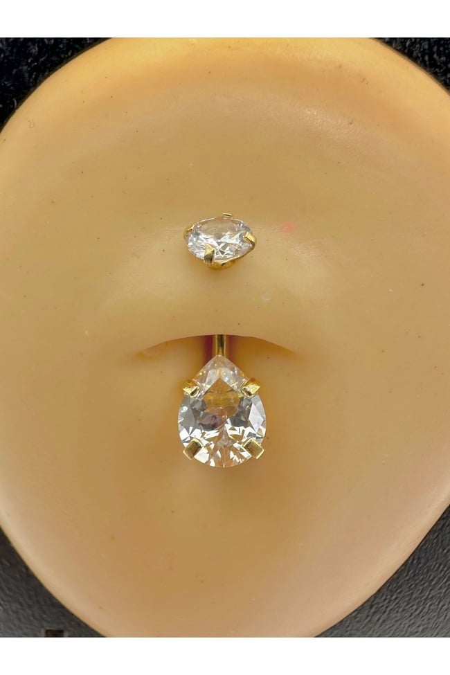 316l Paslanmaz Kararmaz Cerrahi Çelik Damla Şekilli Zirkon Taşlı Göbek Piercingi Gold Renk