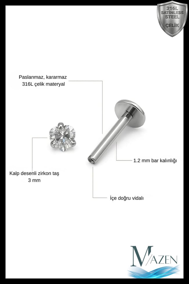 316l Paslanmaz Kararmaz Cerrahi Çelik Zirkon Taşlı 8mm Bar Tragus Helix Kıkırdak Kalp Model Piercing