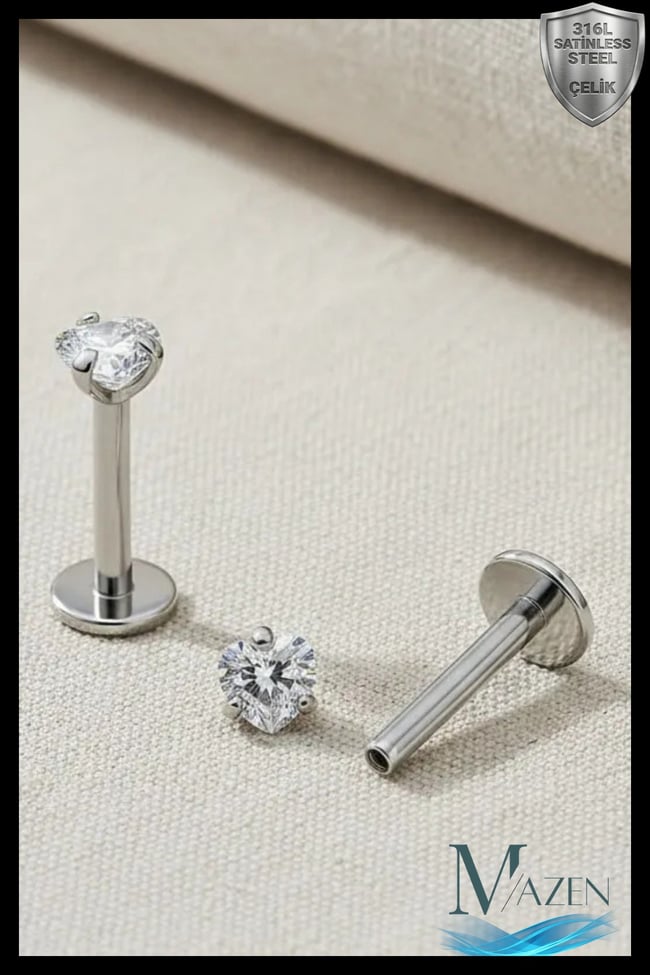 316l Paslanmaz Kararmaz Cerrahi Çelik Zirkon Taşlı 8mm Bar Tragus Helix Kıkırdak Kalp Model Piercing