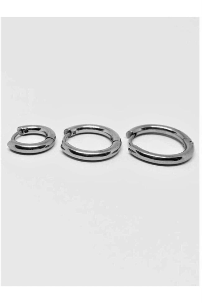 316l Paslanmaz Kararmaz Cerrahi Çelik Unisex Üçlü Halka Küpe (10MM 12MM 14MM) (GÜMÜŞ RENK)