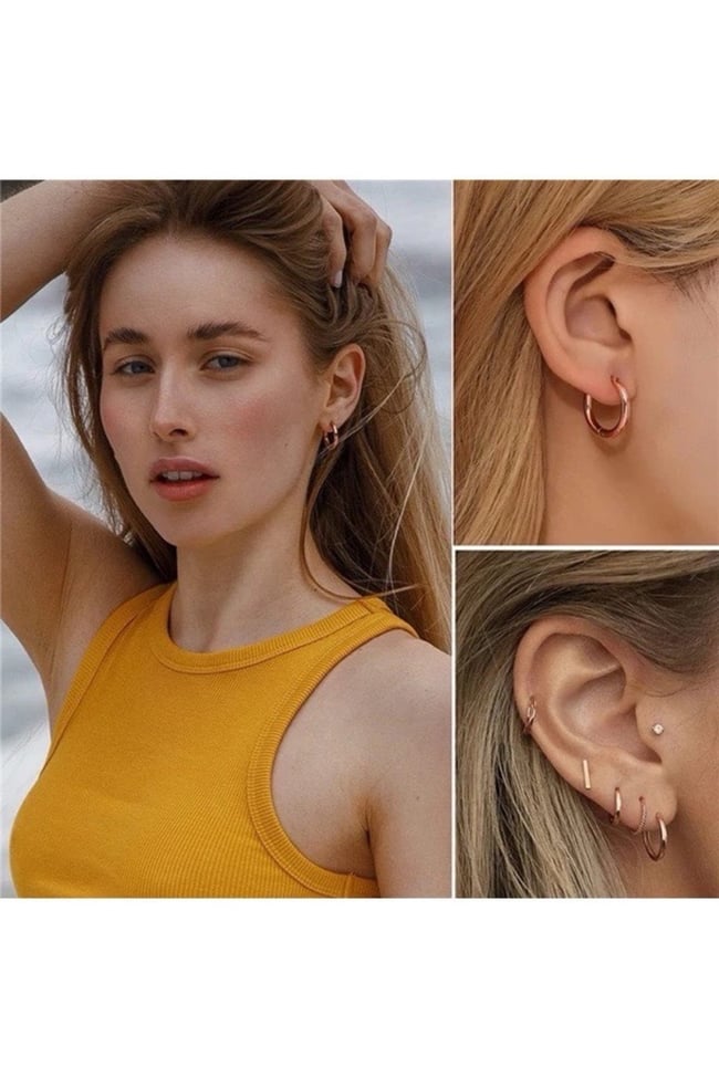 3'lü Kararmaz Cerrahi Çelik Halka Küpe ( 8 mm, 10 mm, 12 mm) Gold Renk