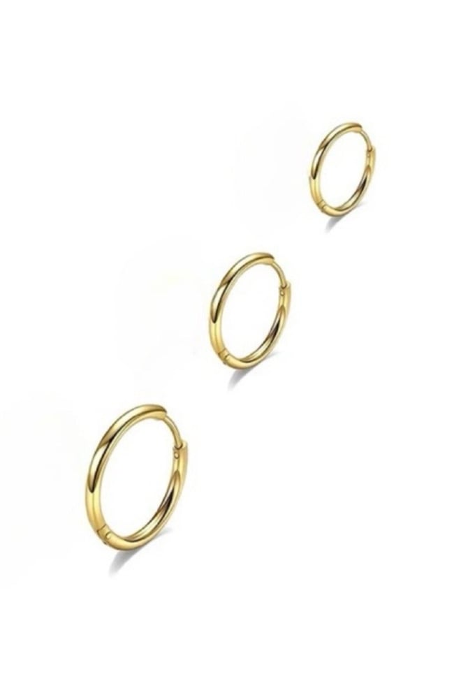 3'lü Kararmaz Cerrahi Çelik Halka Küpe ( 8 mm, 10 mm, 12 mm) Gold Renk