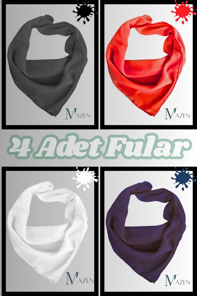 4 Adet ( Kırmızı, Beyaz, Lacivert, Siyah ) Şifon Fular, Çok Amaçlı Aksesuar 45x45