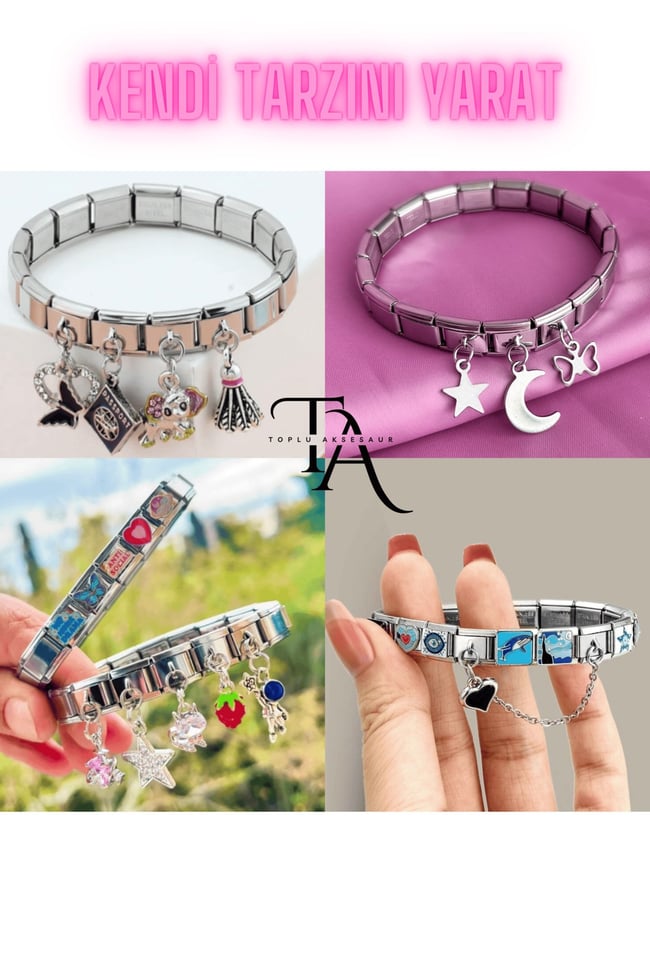5 Adet Rastgele Çelik Italyan Charm 9mm Italyan Bileklik Uyumlu Sallantılı Charm