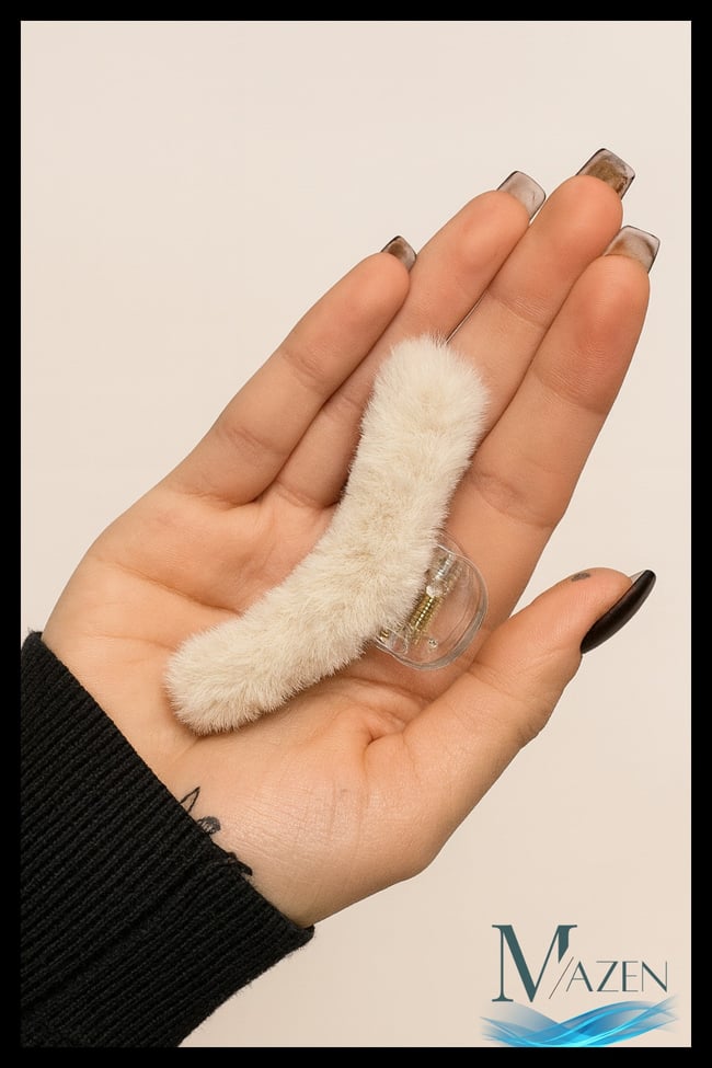 7 cm Peluş Mandal Toka | 2’li Set (Mavi–Bej) | Kadın Saç Aksesuarı