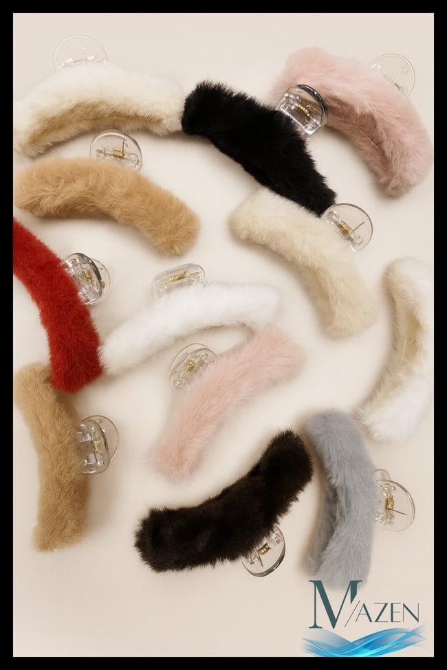 7 cm Peluş Mandal Toka | 2’li Set (Mavi–Bej) | Kadın Saç Aksesuarı