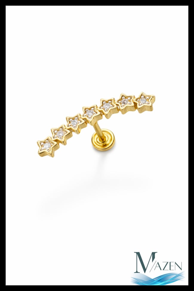 7 Yıldız Taşlı Gold Helix Piercing | 316L Çelik | Kıkırdak Küpe