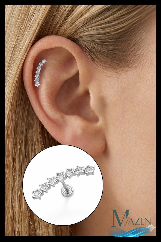 7 Yıldız Taşlı Gold Helix Piercing | 316L Çelik | Kıkırdak Küpe