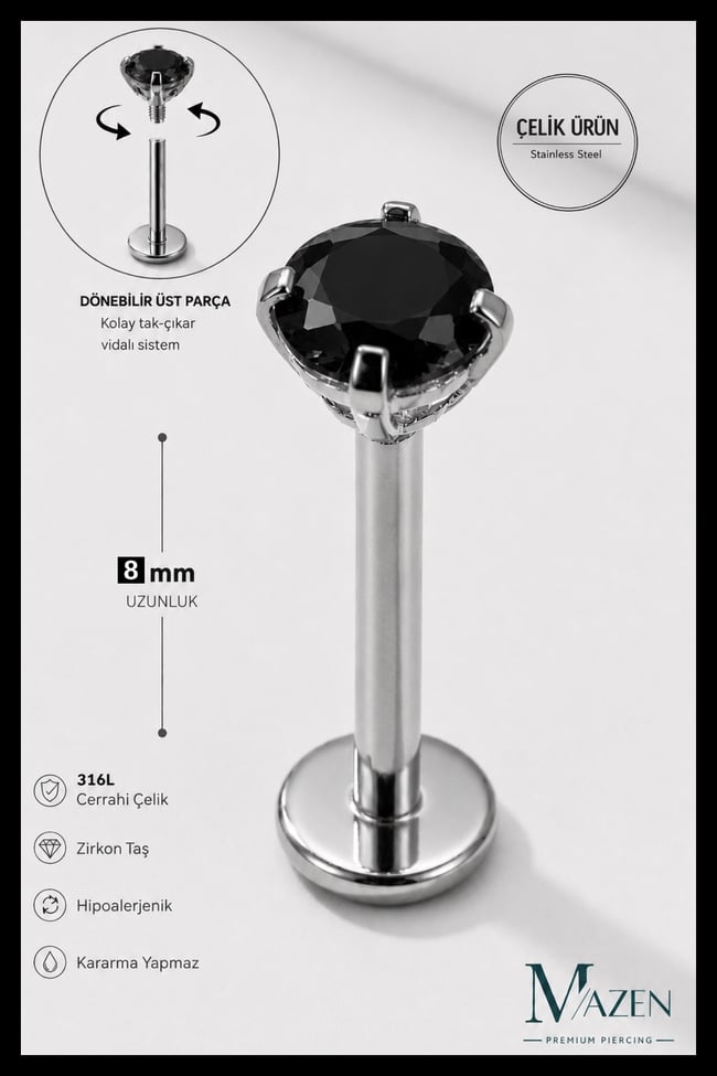 8 mm Bar Uzunluğu 3 mm Taşlı Cerrahi Çelik Piercing Tragus Helix Labret Gümüş Renk