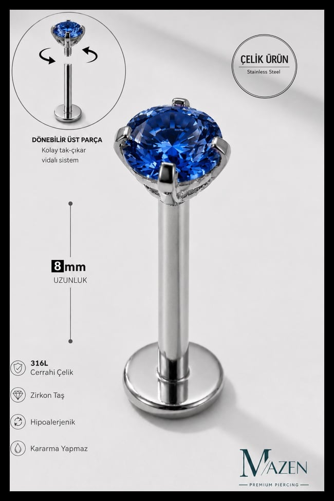 8 mm Bar Uzunluğu 3 mm Taşlı Cerrahi Çelik Piercing Tragus Helix Labret Gümüş Renk