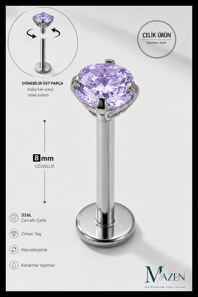 8 mm Bar Uzunluğu 3 mm Taşlı Cerrahi Çelik Piercing Tragus Helix Labret Gümüş Renk
