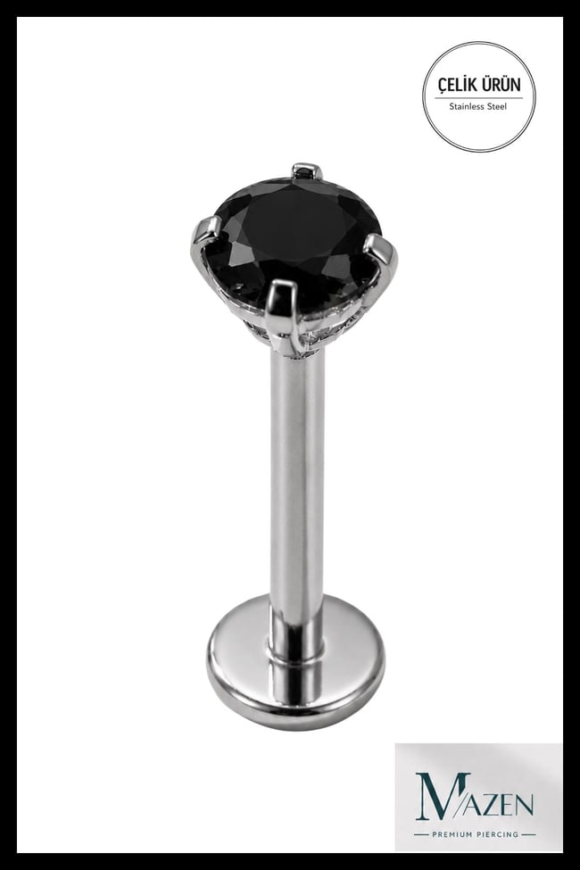 8 mm Bar Uzunluğu 3 mm Taşlı Cerrahi Çelik Piercing Tragus Helix Labret Gümüş Renk
