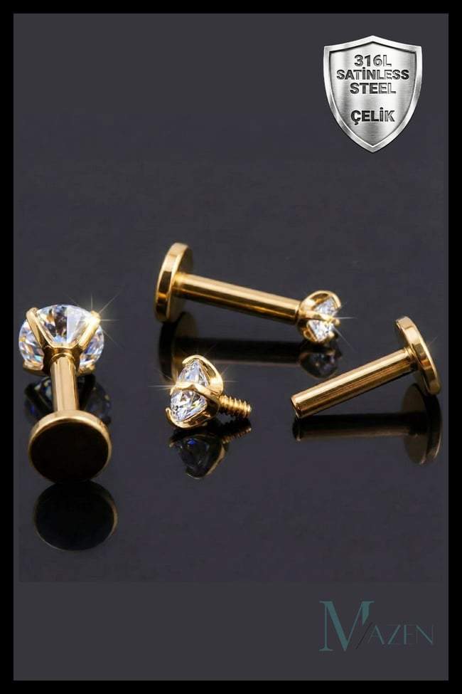8 mm Bar Uzunluğu Cerrahi Çelik Taşlı Piercing, Tragus Helix Gold Renk Renk ( Taş Ebat Seçiniz)