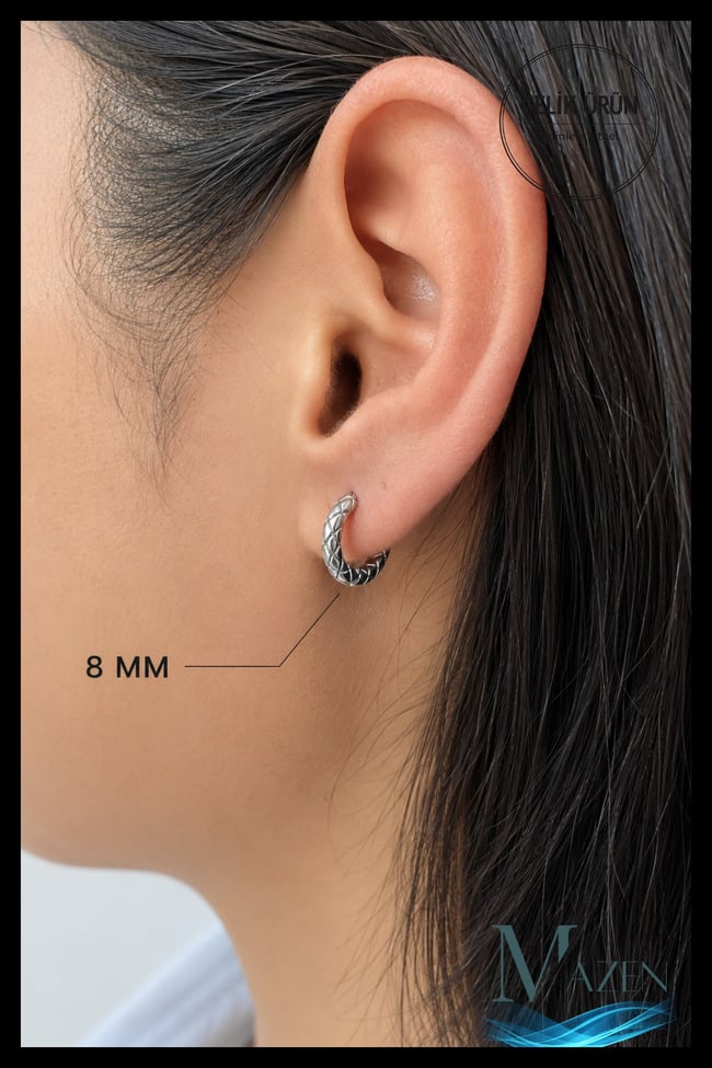 8 mm Geometrik Oyma Desenli Premium Çelik Halka Küpe Unisex Gümüş Renk