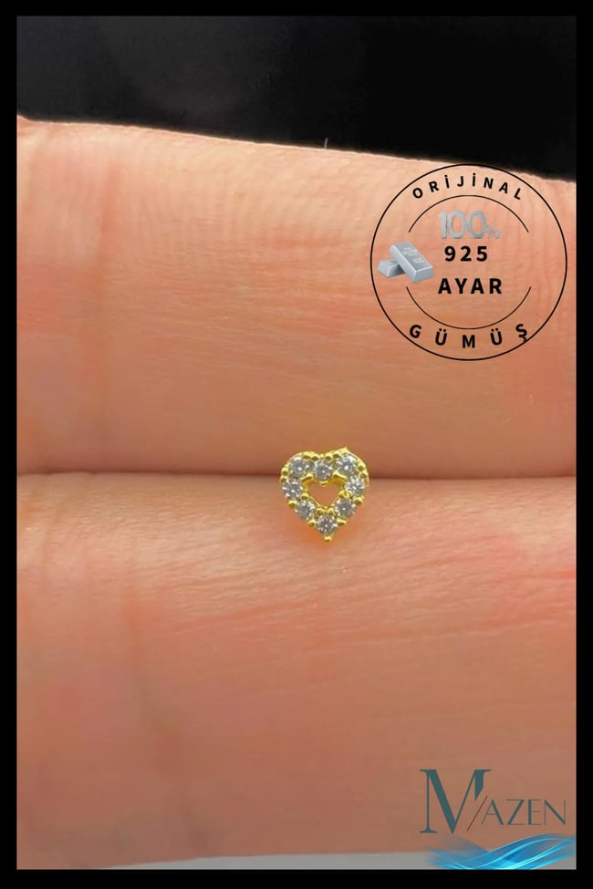 925 Ayar Gümüş Hızma. Gri, Zirkon Taşlı Kalp Model Sarı Renk
