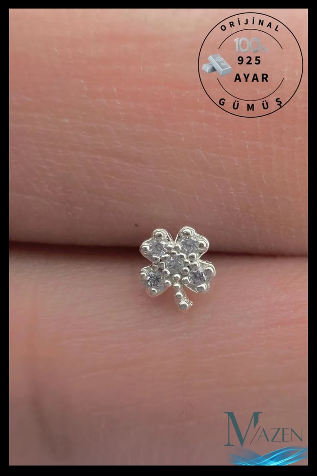 925 Ayar Gümüş Hızma. Zirkon Taşlı Yonca Model Gümüş Renk
