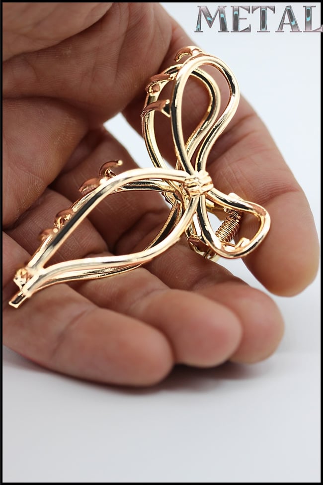 Altın Renk Metal Mandal Toka Fiyonk Şekilli Şık Saç Tokası 7 cm