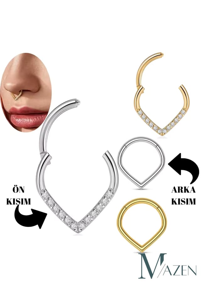 Altın Renk Üçgen Şekilli Taşlı Çelik Piercing - Antialerjik, Kararmaz ( Ebat seçiniz)