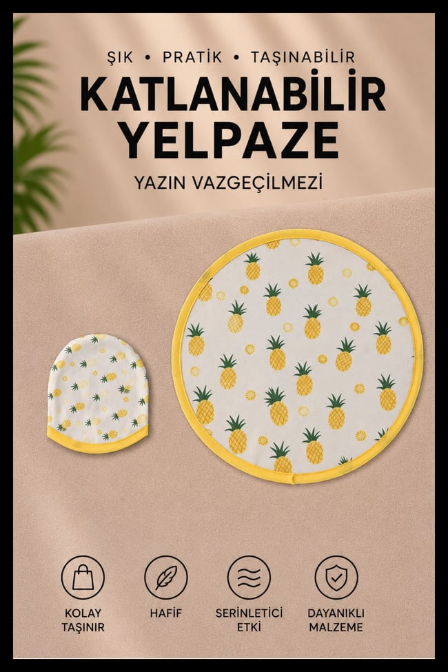 Ananas Desenli Katlanabilir Yuvarlak Yazlık Taşınabilir El Yelpazesi