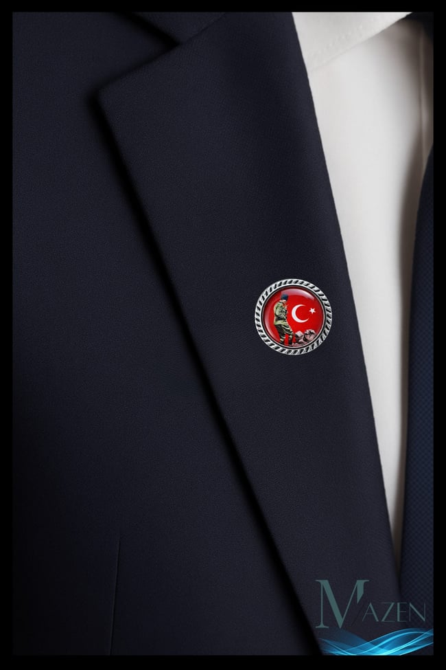 Atatürk Asker Silüet Yaka Rozeti | Türk Bayrağı Zemin | Yuvarlak Metal Rozet