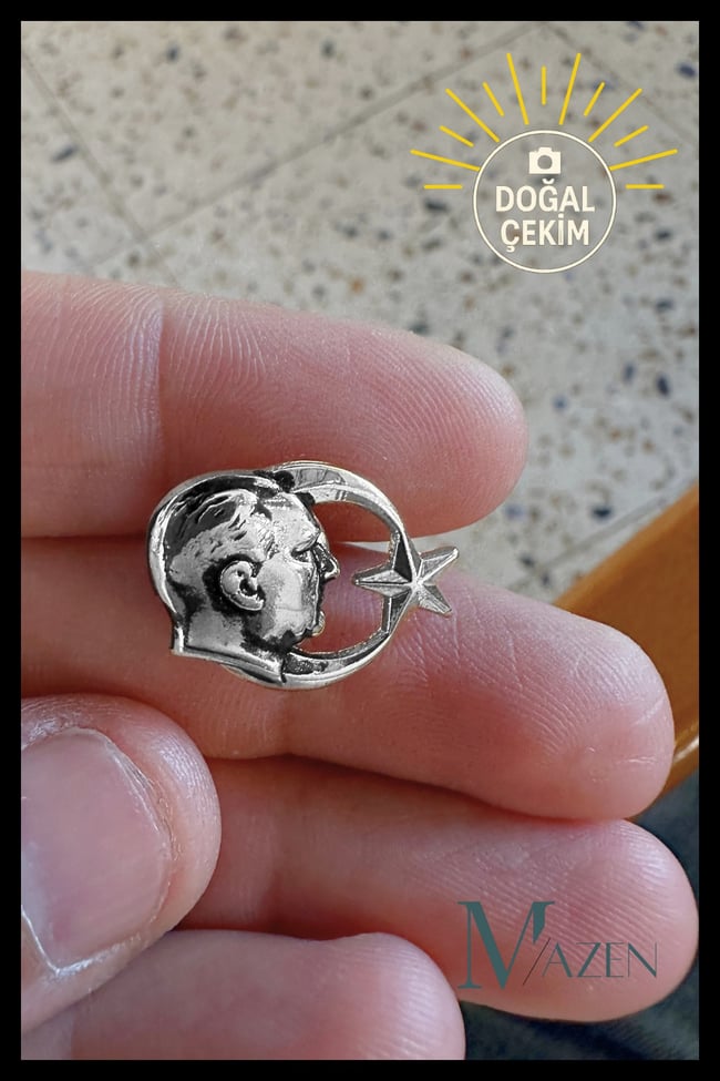 Atatürk Ay Yıldız Figürlü Metal Yaka Rozeti Gümüş Renk