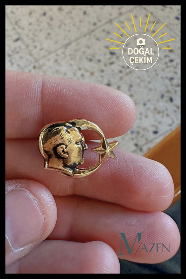 Atatürk Ay Yıldız Figürlü Metal Yaka Rozeti Gold Renk