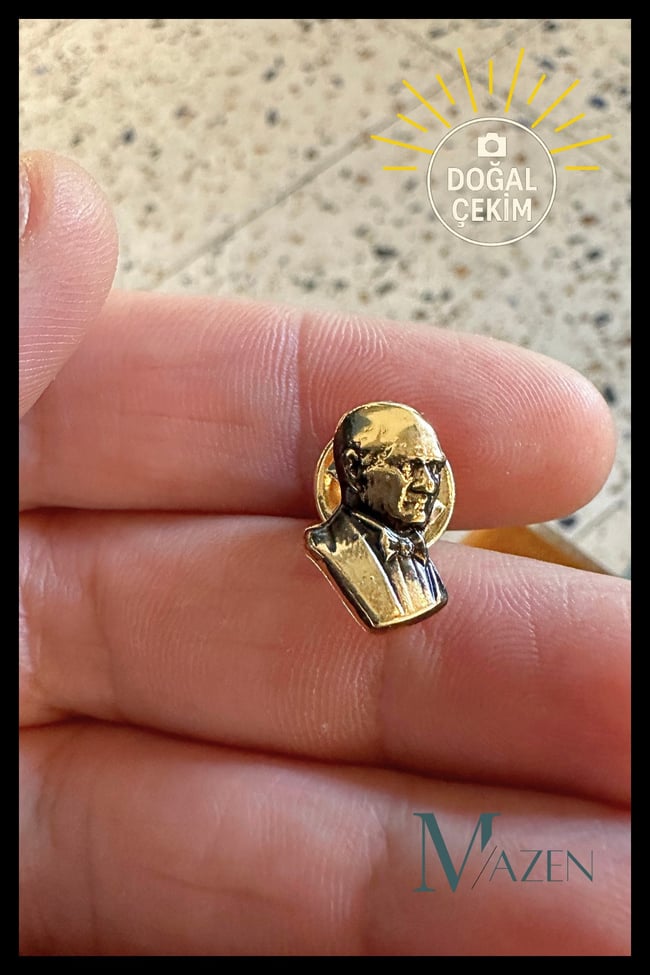 Atatürk Büst Metal Yaka Rozeti Gold Renk Küçük Boy