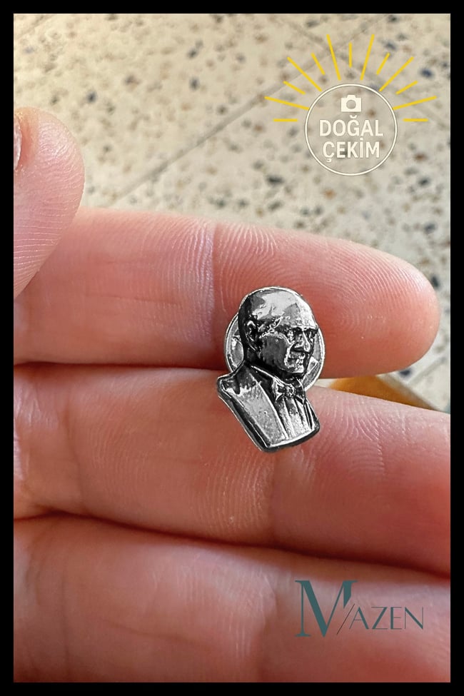 Atatürk Büst Metal Yaka Rozeti Gümüş Renk Küçük Boy