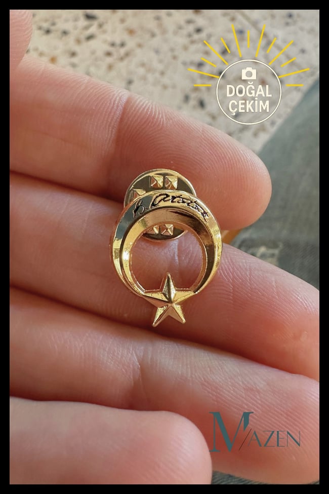 Atatürk İmzalı Ay Yıldız Metal Yaka Rozeti Gold Renk