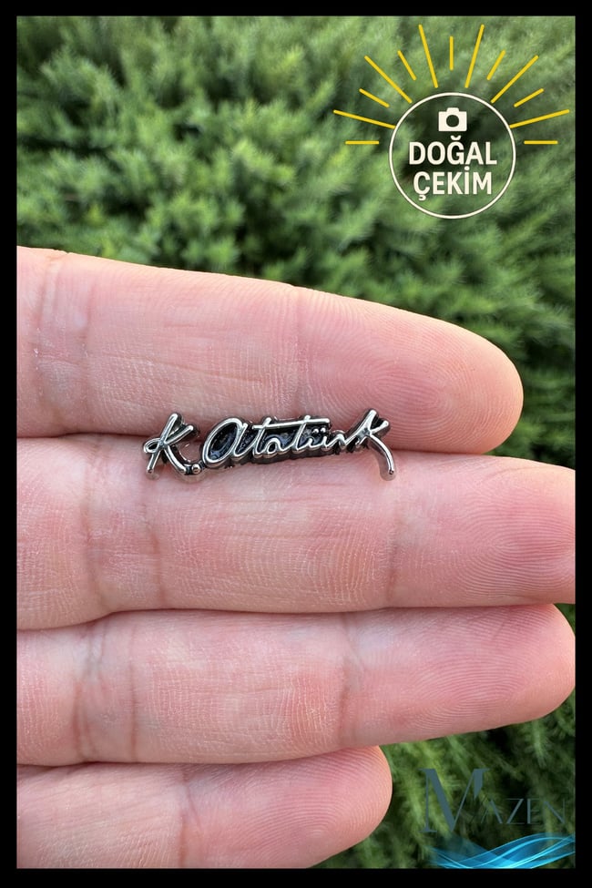 Atatürk İmzalı Klasik Yaka Rozeti | Gümüş Renk | Kararmaz | Kadın Erkek Takı Aksesuar | Rozet