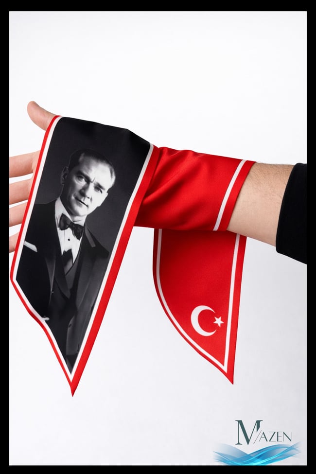 Atatürk Portreli ve İmzalı Kravat Fular | Türk Bayrak Desenli | Saten Şık Boyun Aksesuarı