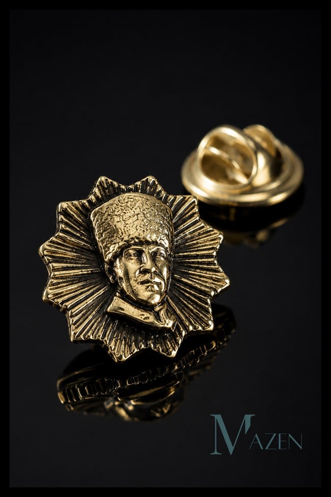 Atatürk Yıldız Desenli Metal Yaka Rozeti Gold Renk