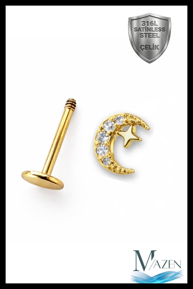 Ay Yıldız Taşlı Tragus Piercing | 316L Çelik | Gold | Arkası Düz Flat Back