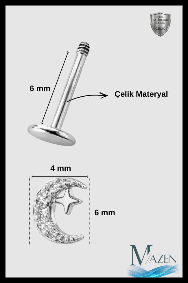 Ay Yıldız Taşlı Tragus Piercing | 316L Çelik | Gold | Arkası Düz Flat Back