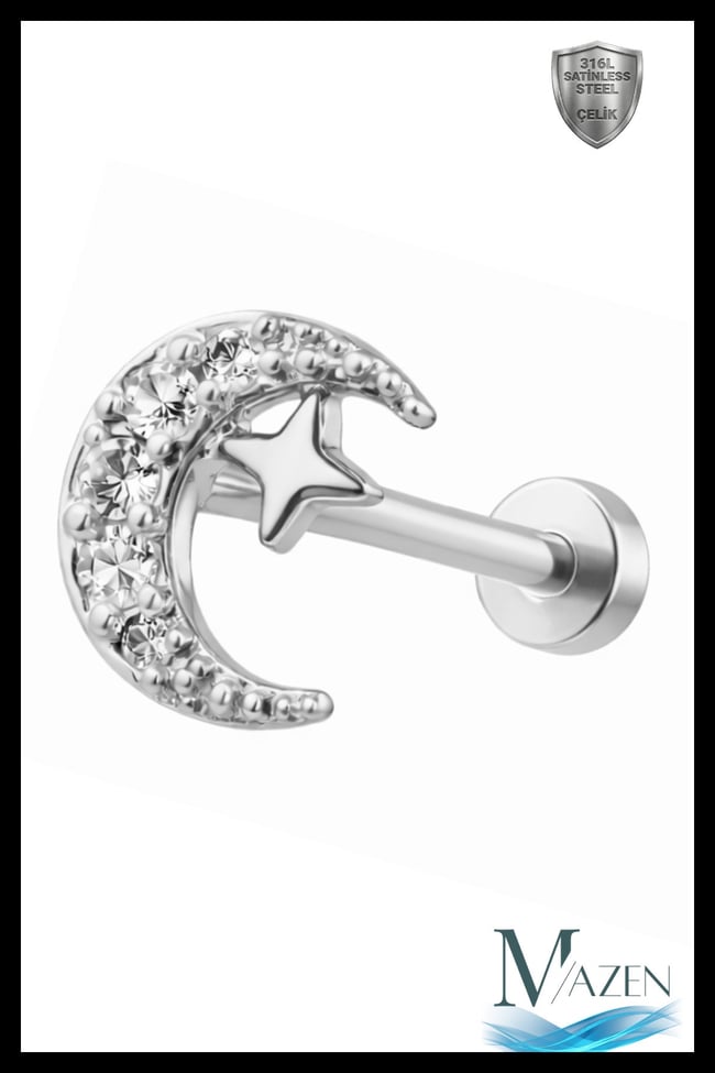 Ay Yıldız Taşlı Tragus Piercing | 316L Çelik | Gümüş Renk | Arkası Düz Flat Back