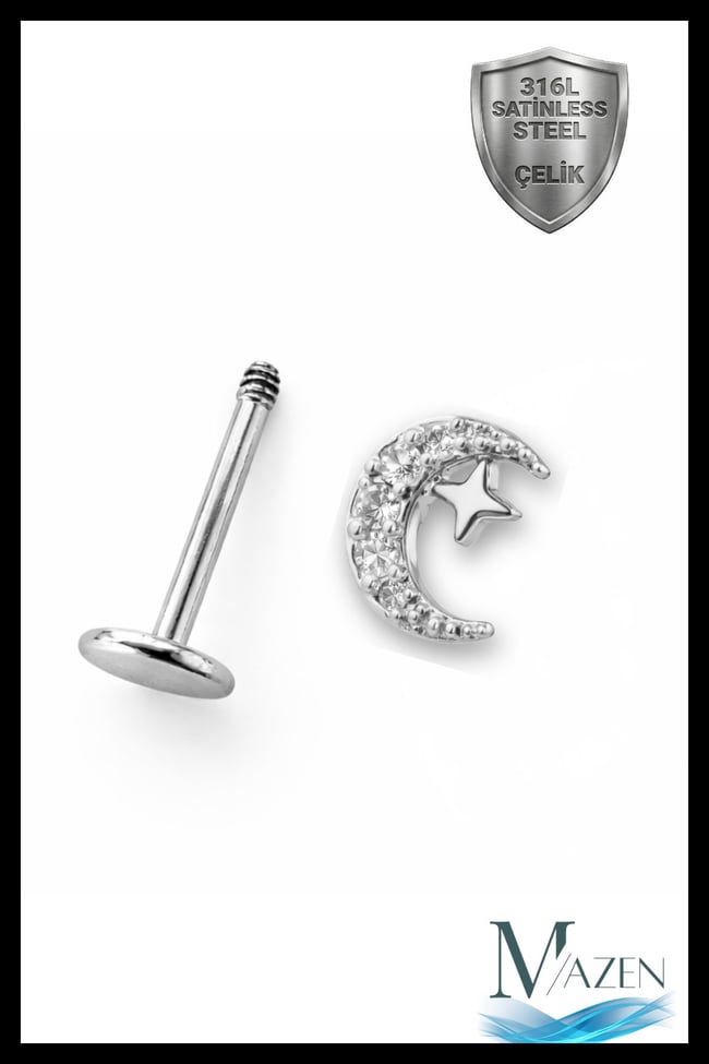 Ay Yıldız Taşlı Tragus Piercing | 316L Çelik | Gümüş Renk | Arkası Düz Flat Back