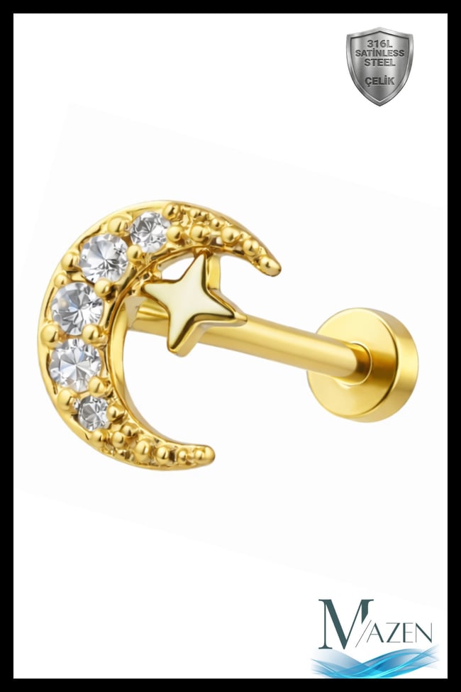 Ay Yıldız Taşlı Tragus Piercing | 316L Çelik | Gold | Arkası Düz Flat Back