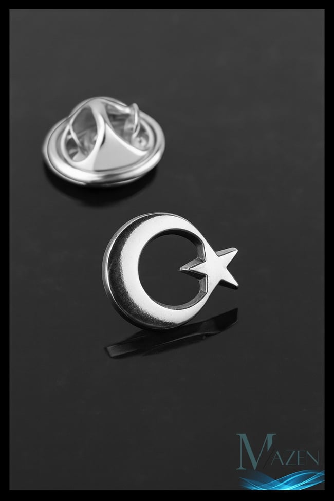 Ay Yıldız Yaka Rozeti | Gümüş Renk | Metal Kararmaz | Kadın Erkek Takı Aksesuar | Rozet